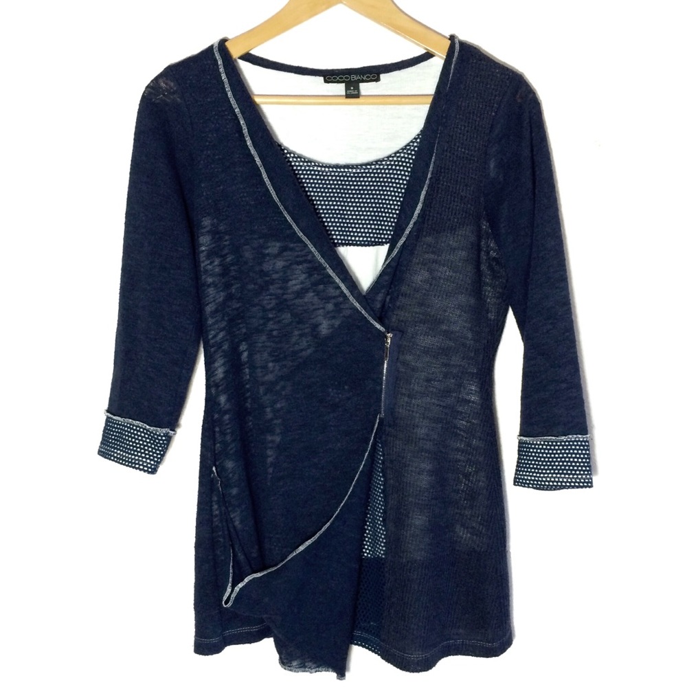 Coco Bianca Layered Cardigan Look Top Navy Sz S